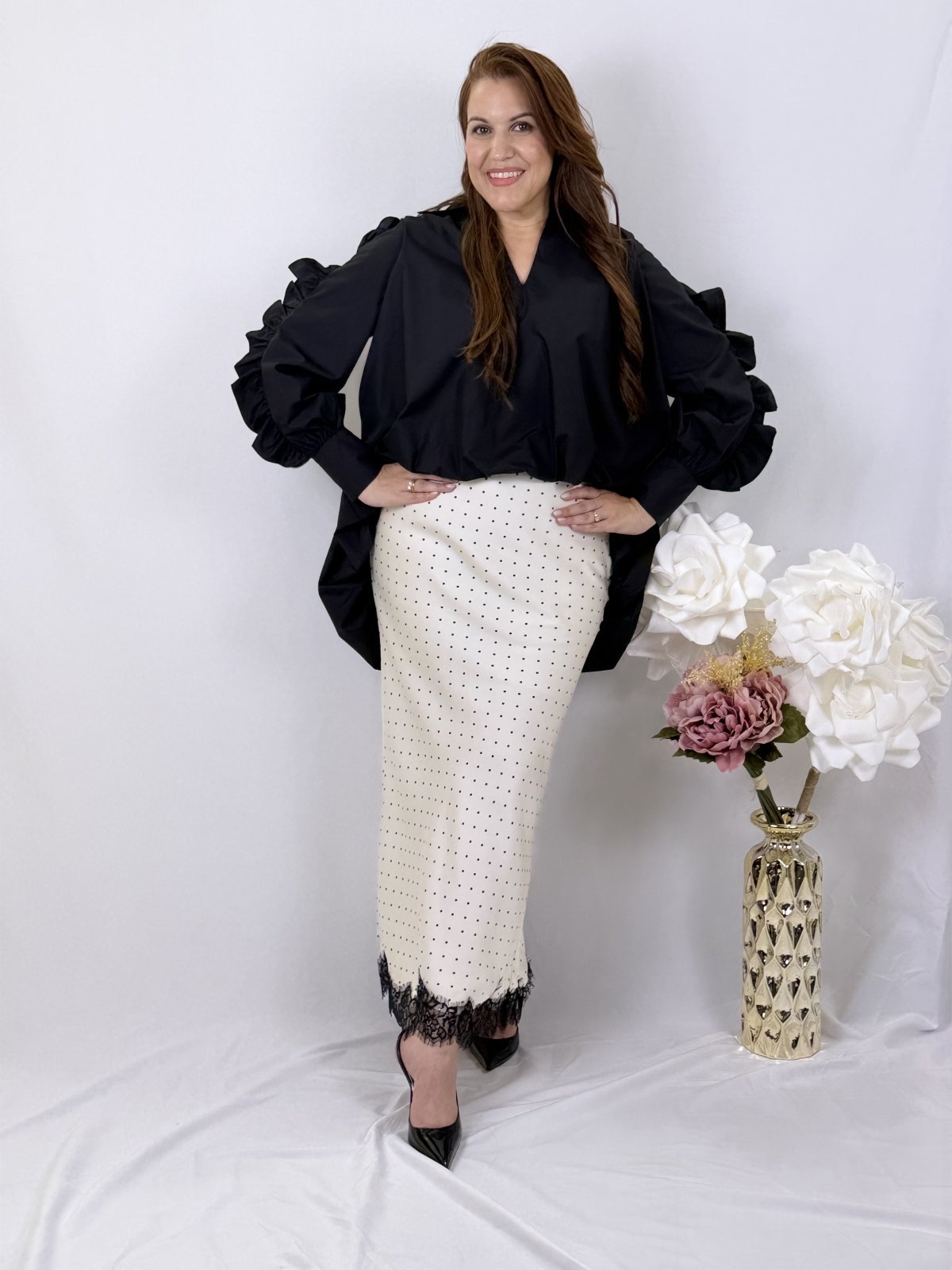 Polka dot satin lace skirt off white